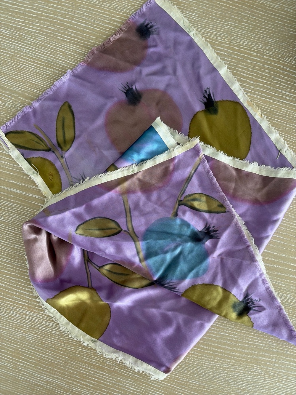 Julia Hill Painting 100% Silk Floral Scarf Purple Frayed Hem 46x15
